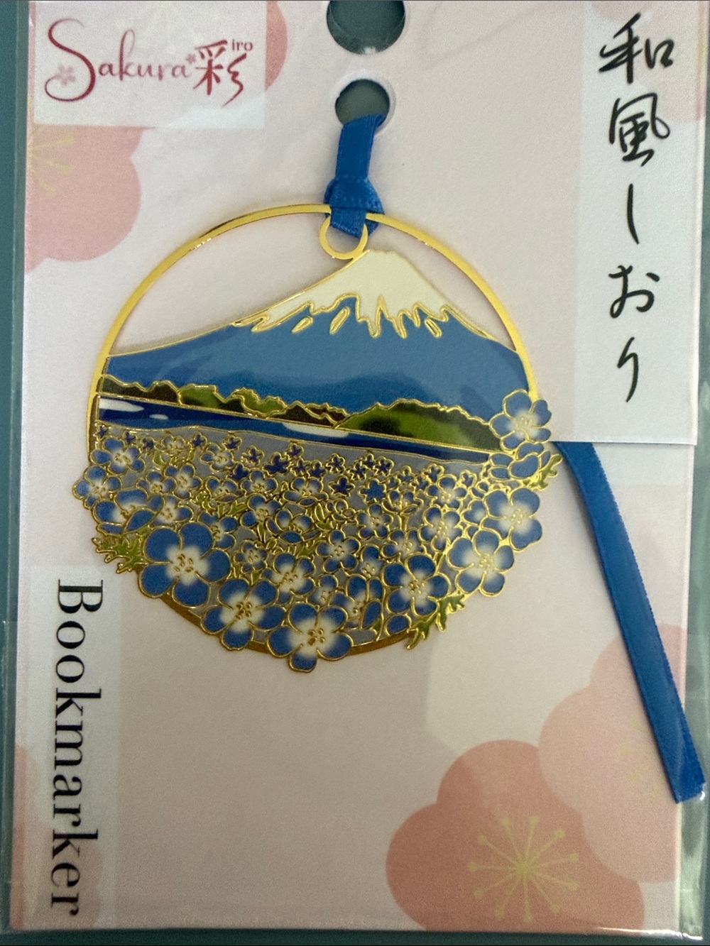 Sakura Blue and Gold Mt. Fuji Floral Metal Bookmark